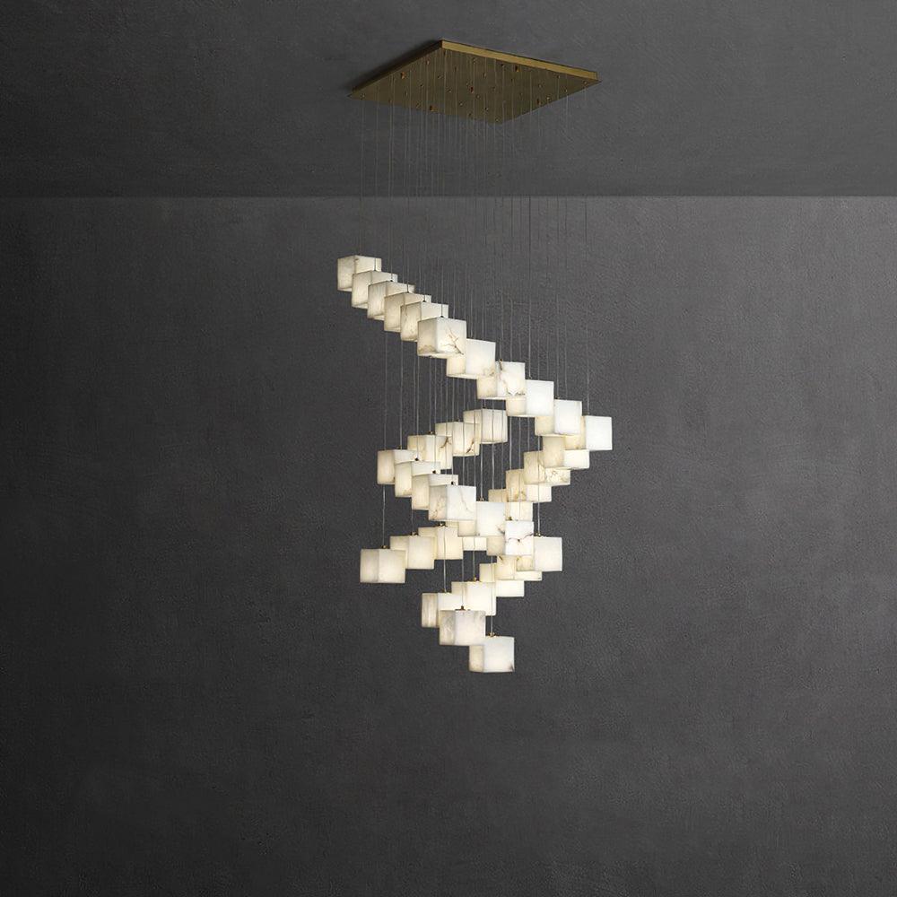 Modern Geometric Alabaster Box Pendant Light White Stone Cube Hanging Chandelier