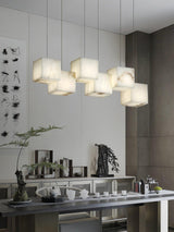 Modern Geometric Alabaster Box Pendant Light White Stone Cube Hanging Chandelier