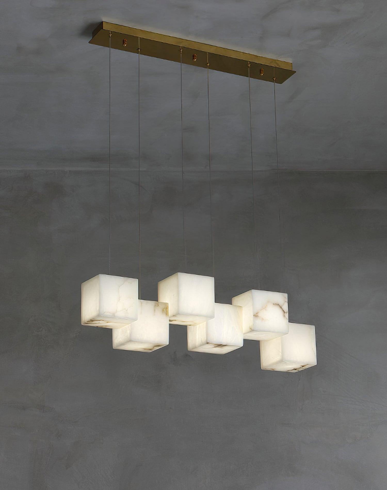 Modern Geometric Alabaster Box Pendant Light White Stone Cube Hanging Chandelier