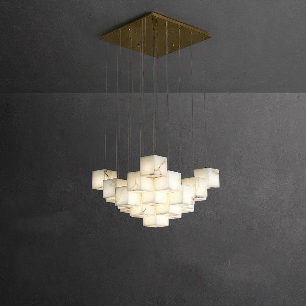 Modern Geometric Alabaster Box Pendant Light White Stone Cube Hanging Chandelier