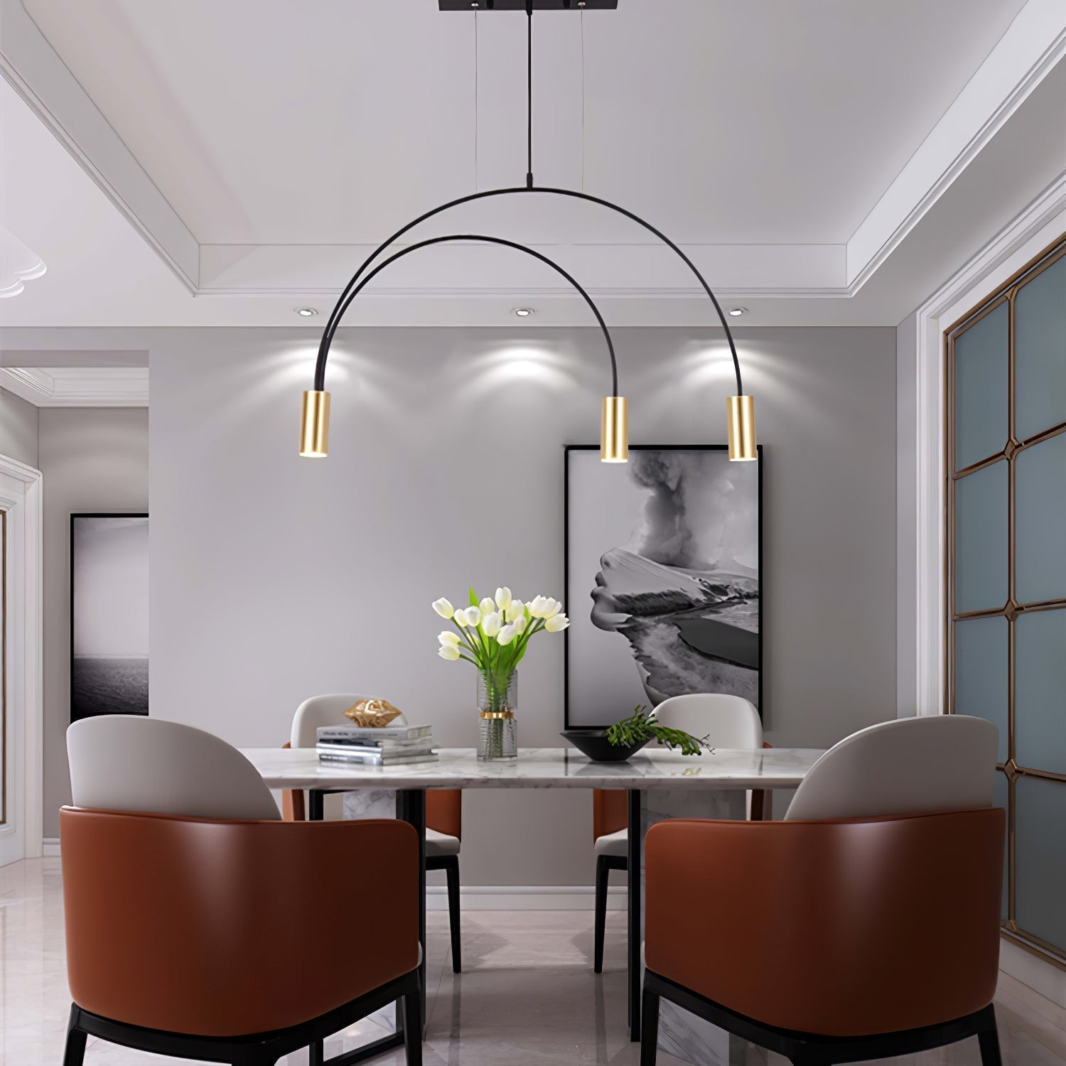 Modern Geometric Arcs Pendant Chandelier with Cylindrical Aluminum Heads and Adjustable Arms