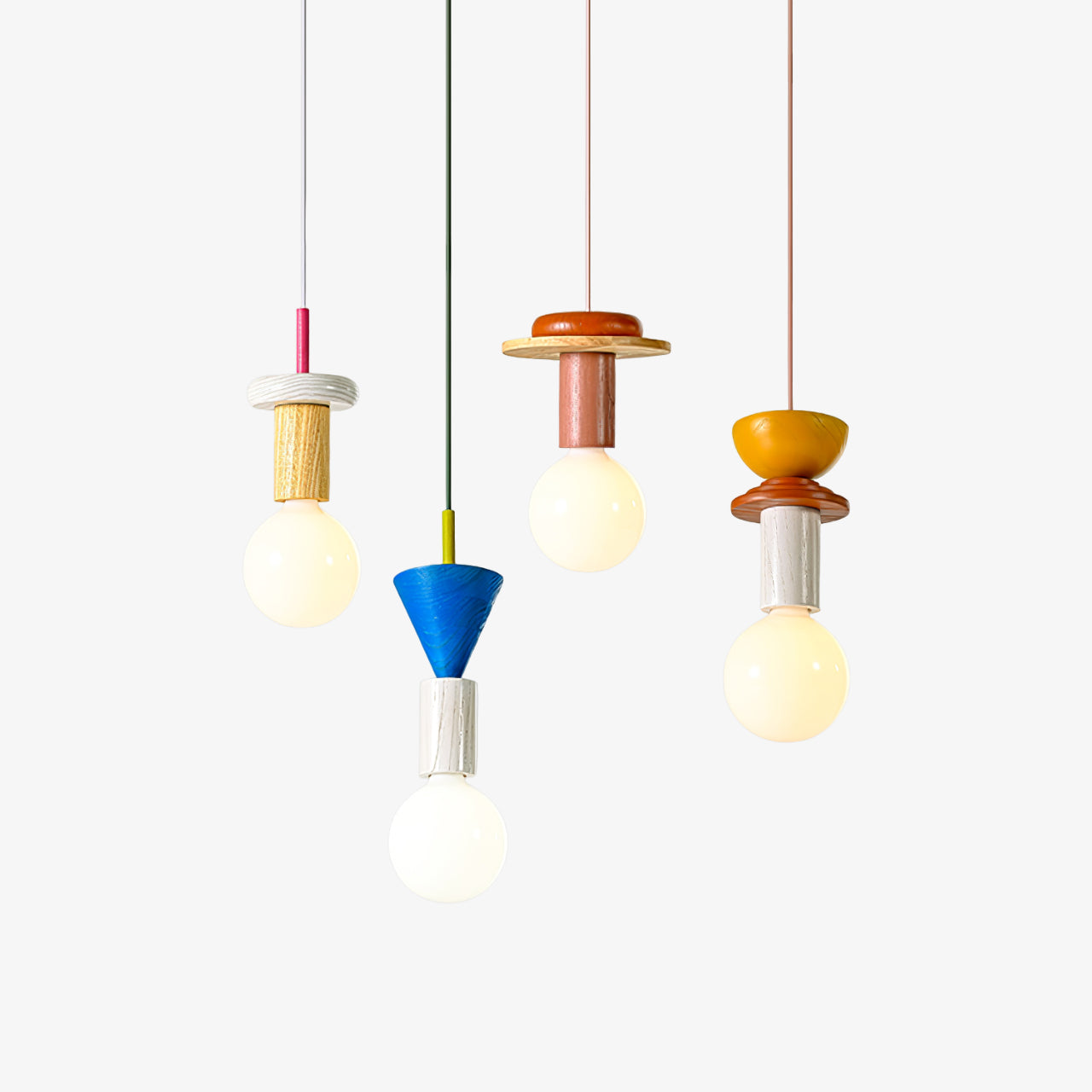 Modern Geometric Building Blocks Hanging Pendant Light with Wood and Metal Accents