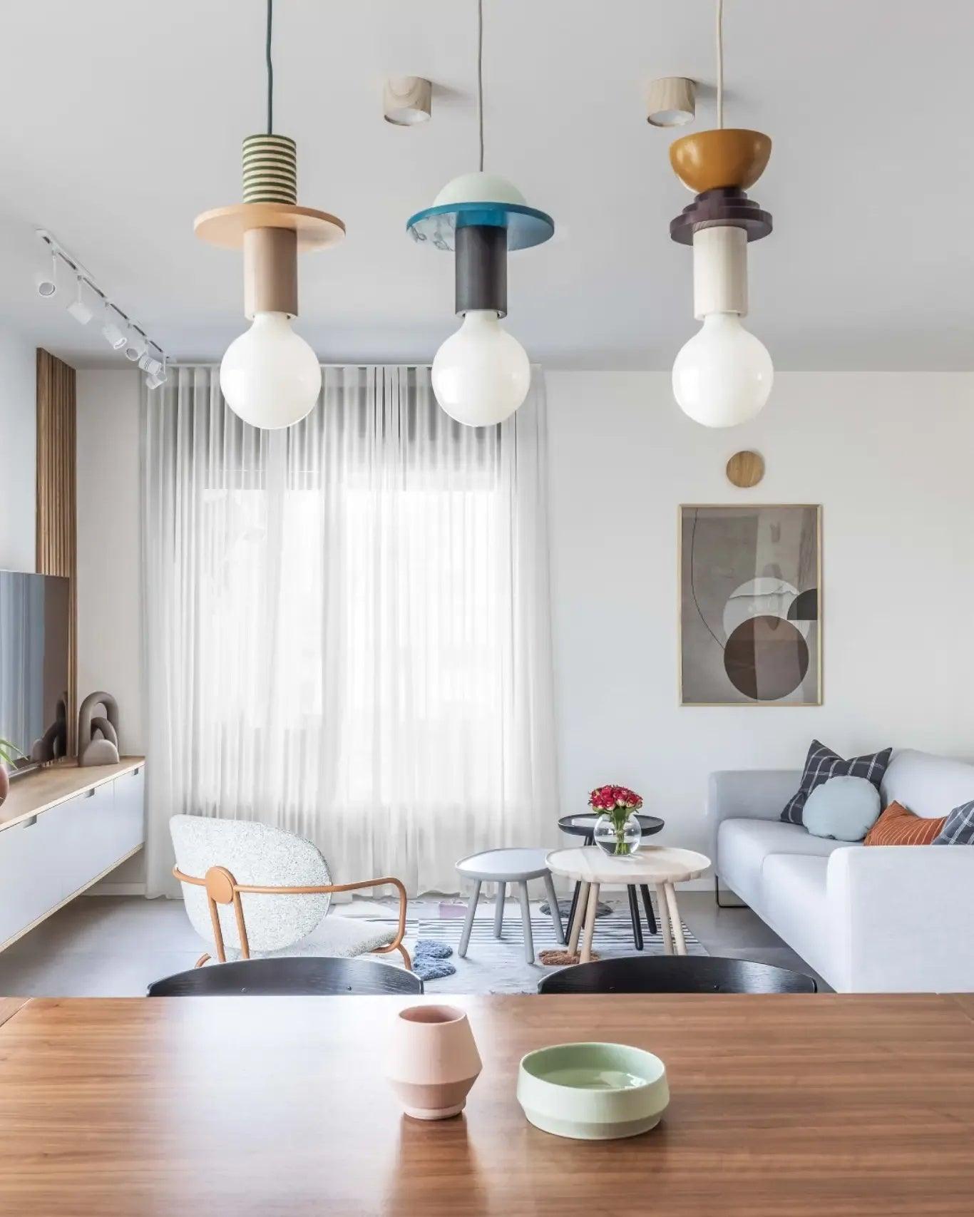 Modern Geometric Building Blocks Hanging Pendant Light with Wood and Metal Accents