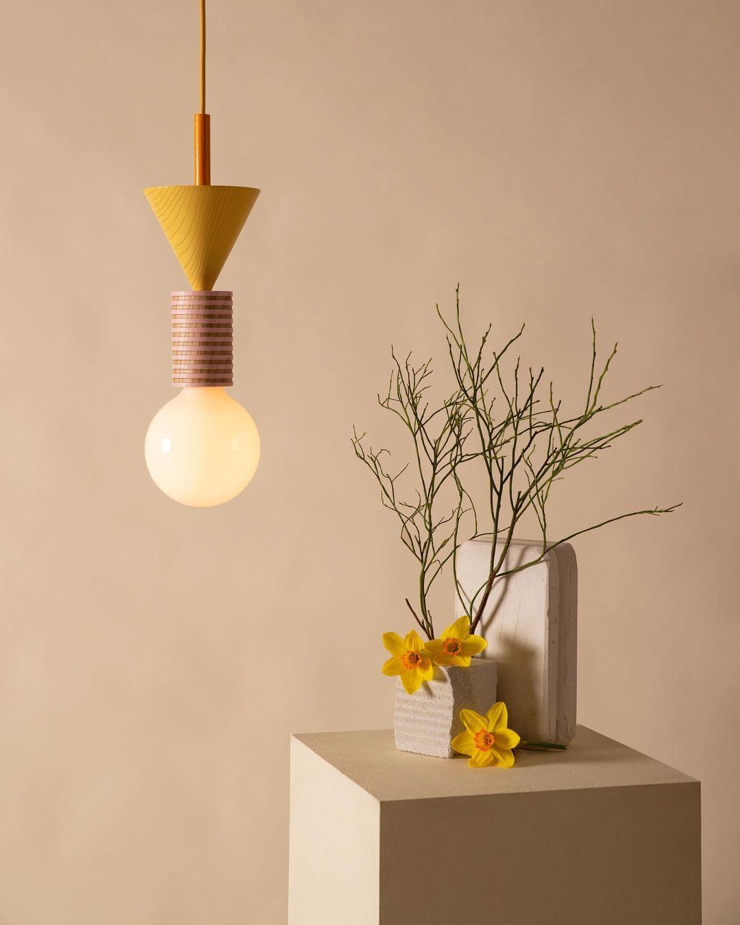 Modern Geometric Building Blocks Hanging Pendant Light with Wood and Metal Accents