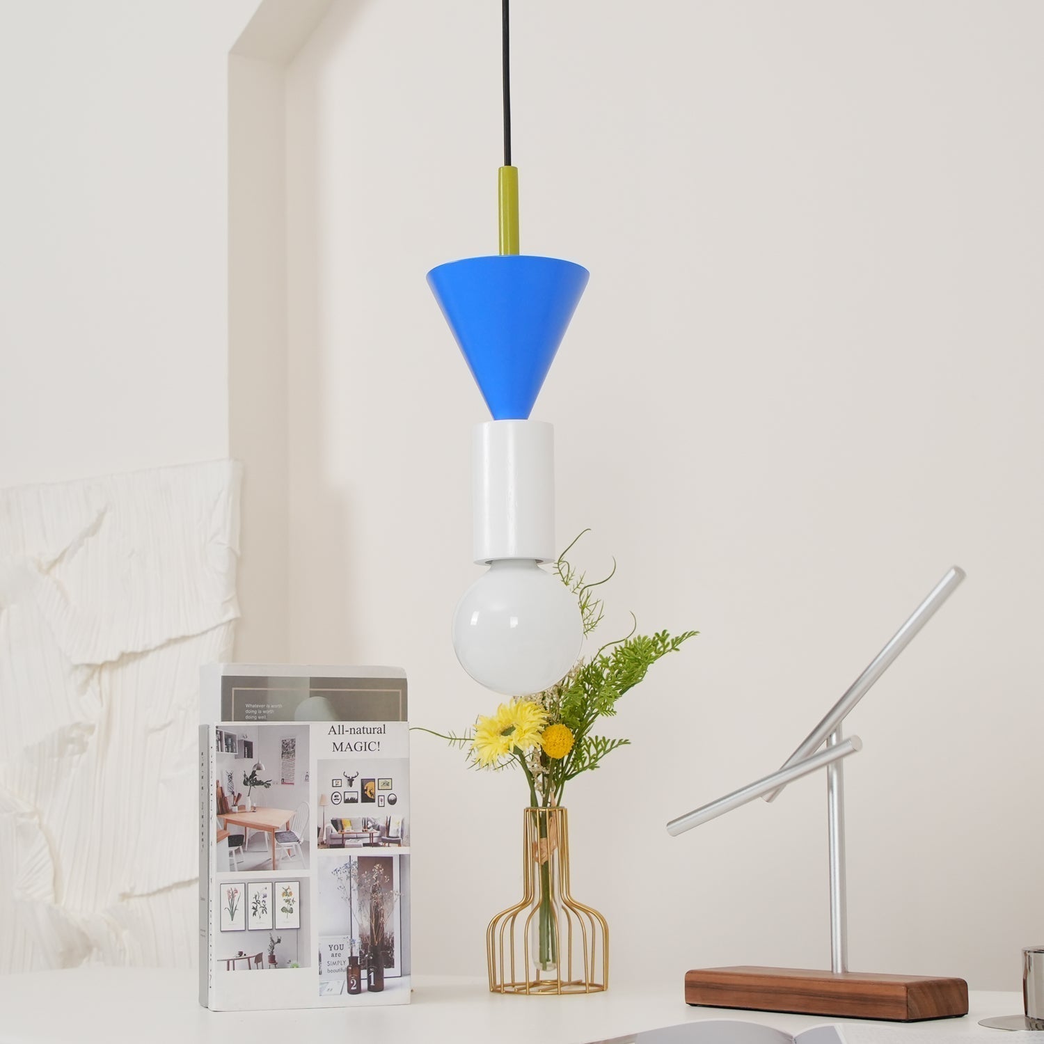 Modern Geometric Building Blocks Hanging Pendant Light with Wood and Metal Accents