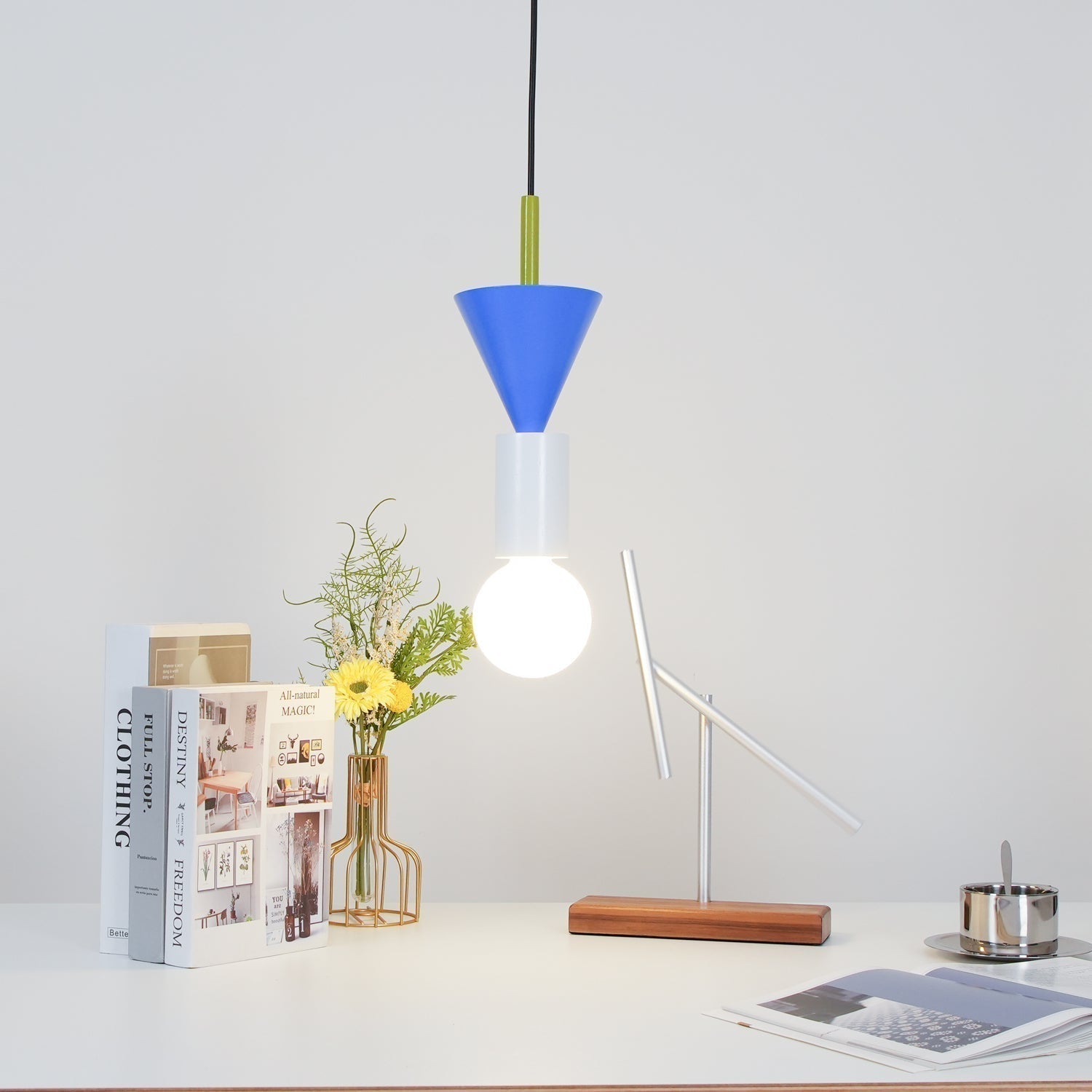 Modern Geometric Building Blocks Hanging Pendant Light with Wood and Metal Accents