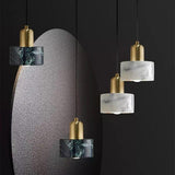 Modern Geometric Copper and Marble Cylinder Pendant Light with Adjustable Hanging Cord