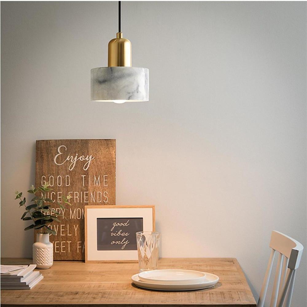 Modern Geometric Copper and Marble Cylinder Pendant Light with Adjustable Hanging Cord