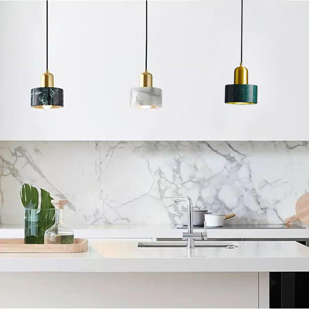 Modern Geometric Copper and Marble Cylinder Pendant Light with Adjustable Hanging Cord