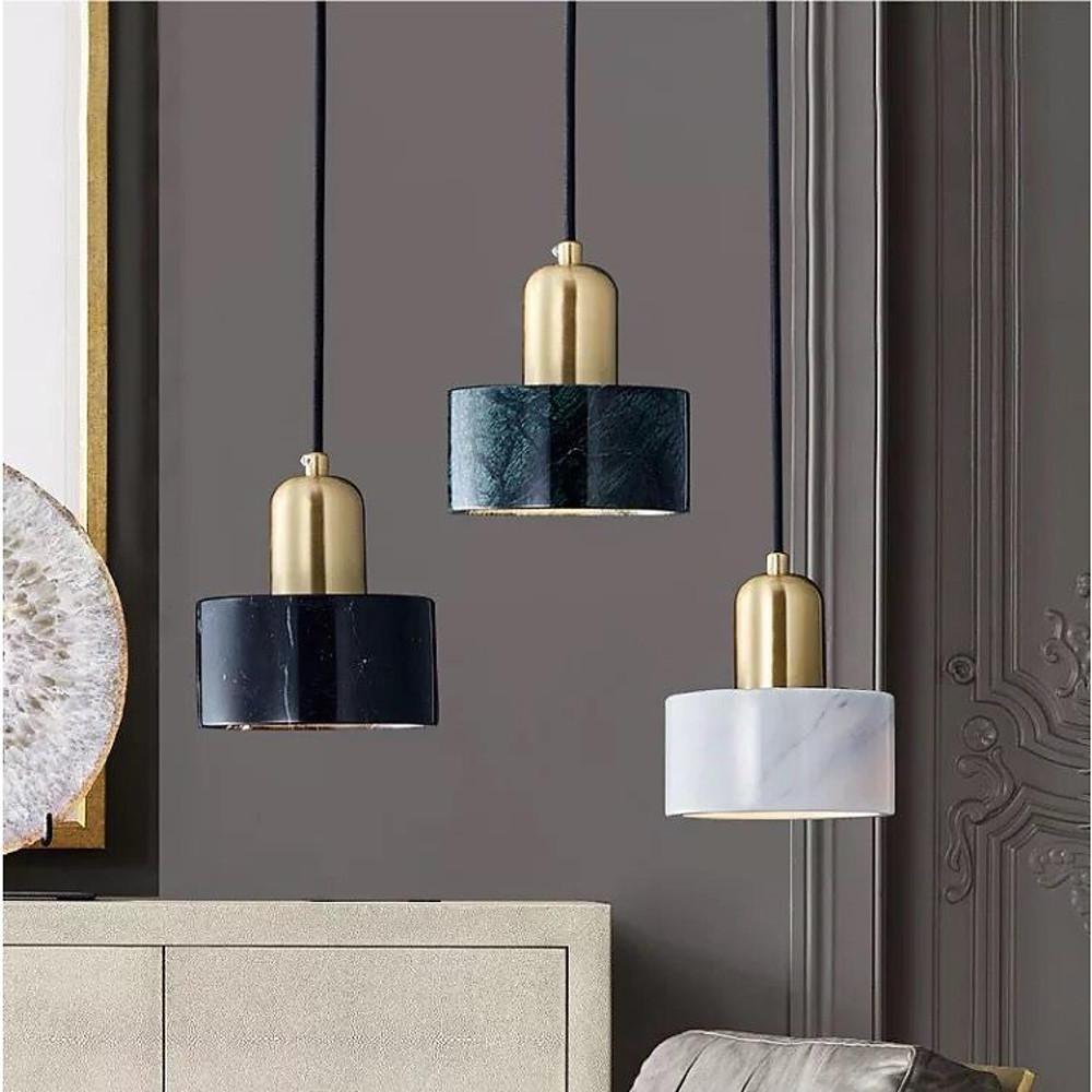 Modern Geometric Copper and Marble Cylinder Pendant Light with Adjustable Hanging Cord