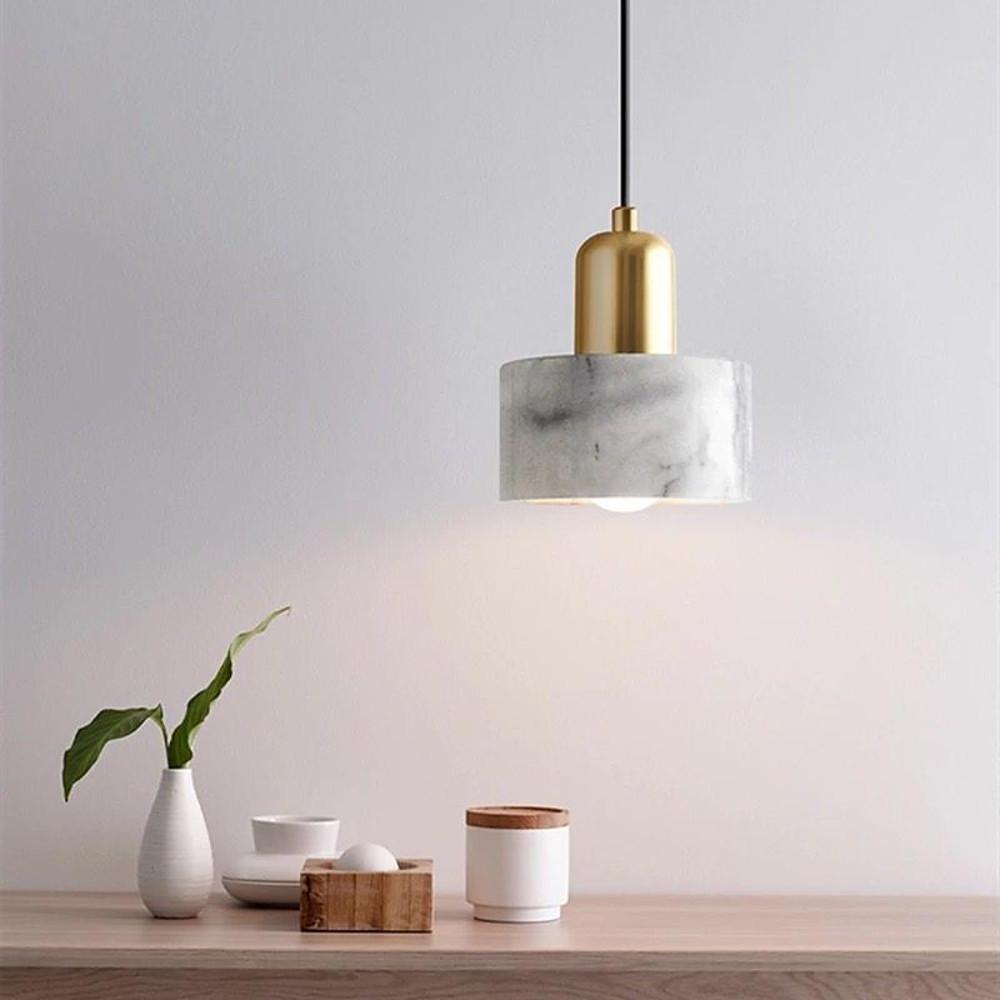 Modern Geometric Copper and Marble Cylinder Pendant Light with Adjustable Hanging Cord