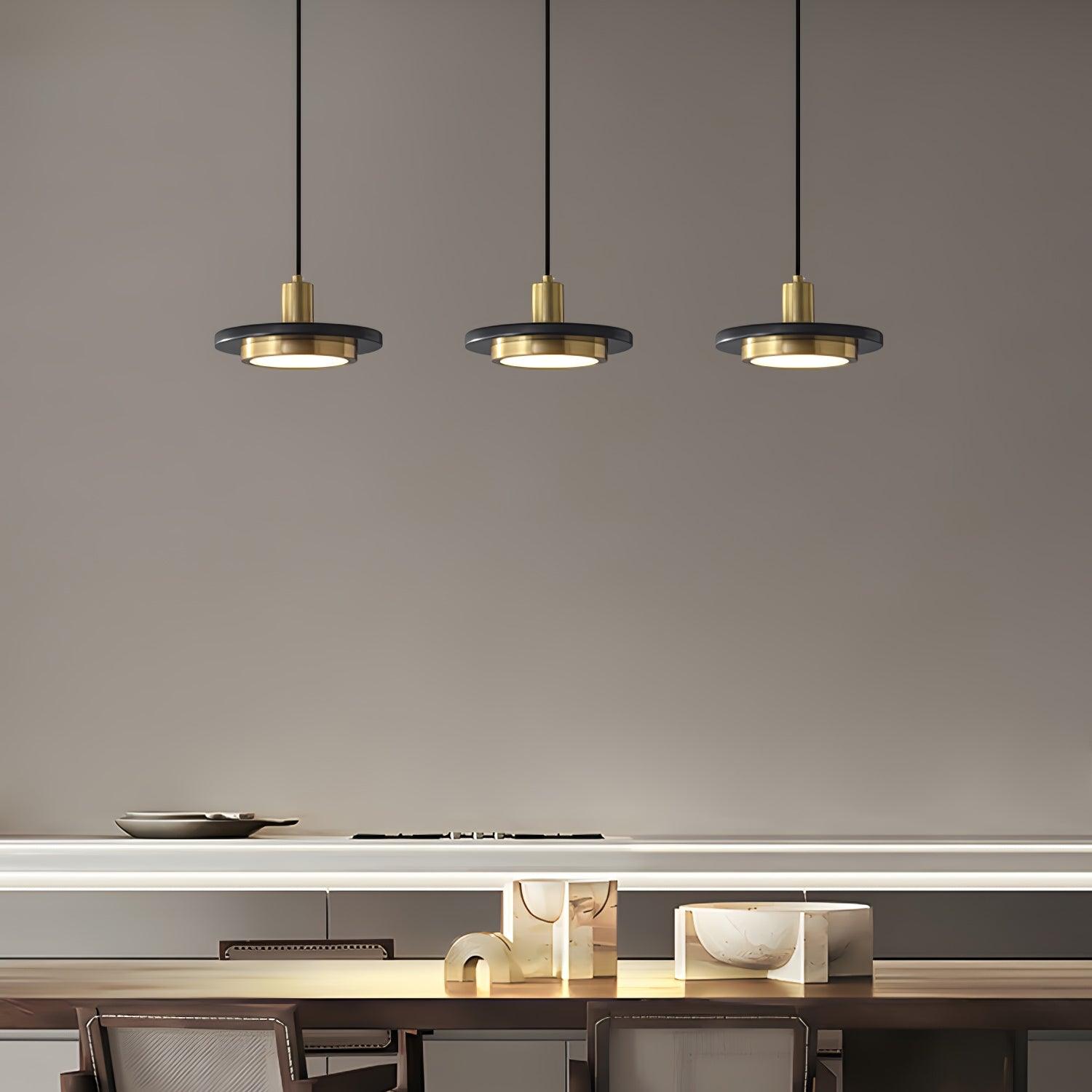 Modern Geometric Double Circle Marble LED Pendant Light for Dining Room Gold and Black Finish