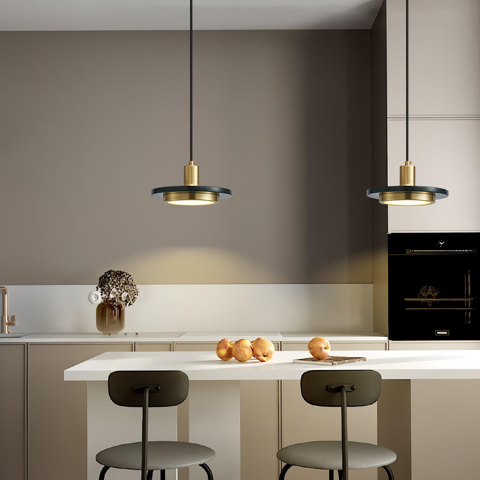 Modern Geometric Double Circle Marble LED Pendant Light for Dining Room Gold and Black Finish