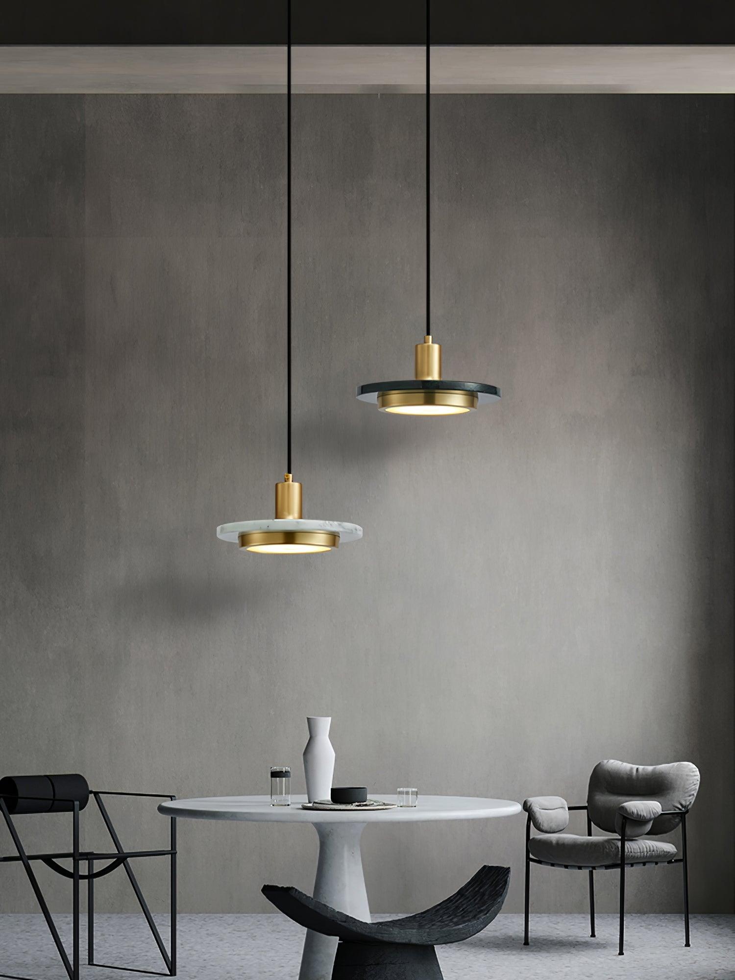 Modern Geometric Double Circle Marble LED Pendant Light for Dining Room Gold and Black Finish