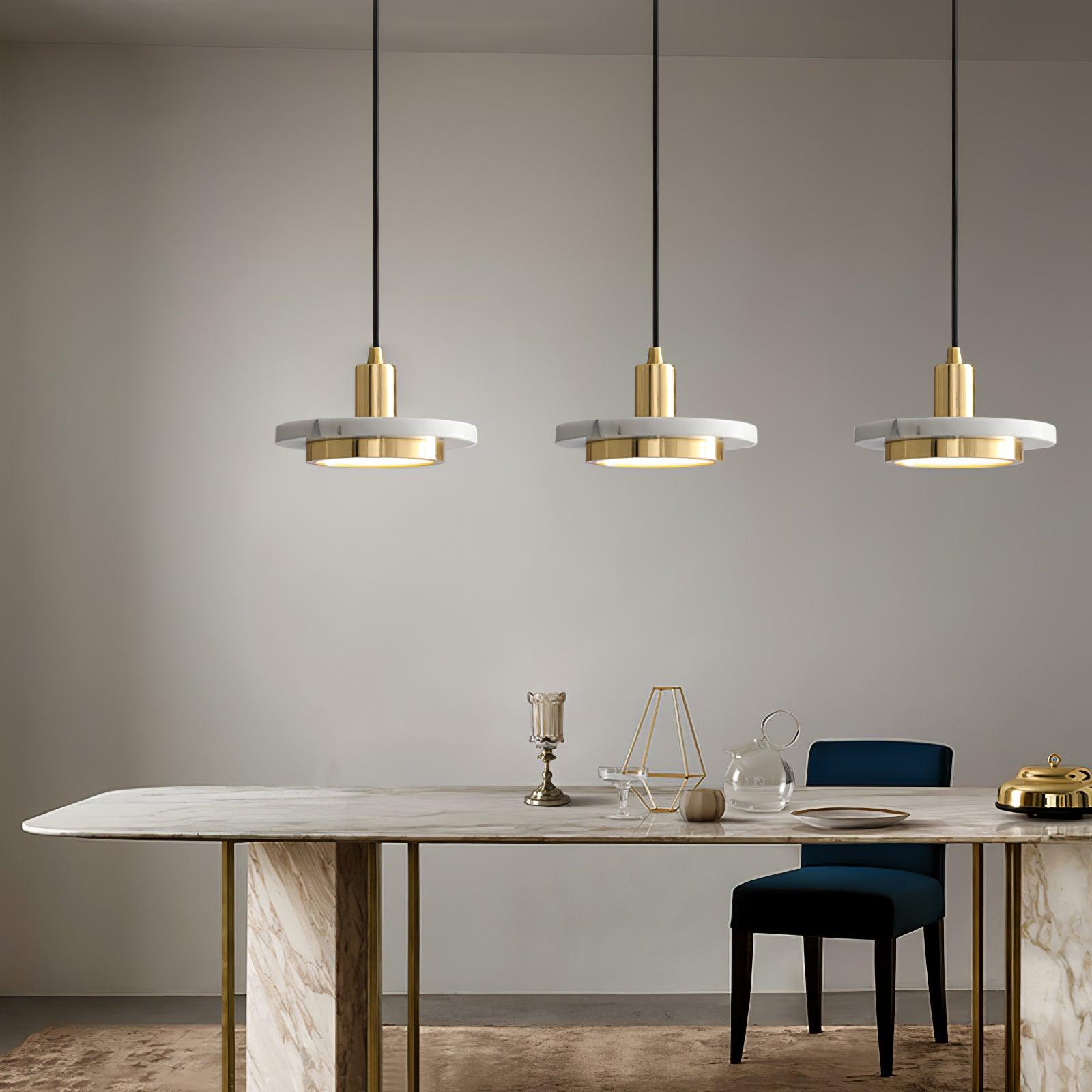 Modern Geometric Double Circle Marble LED Pendant Light for Dining Room Gold and Black Finish