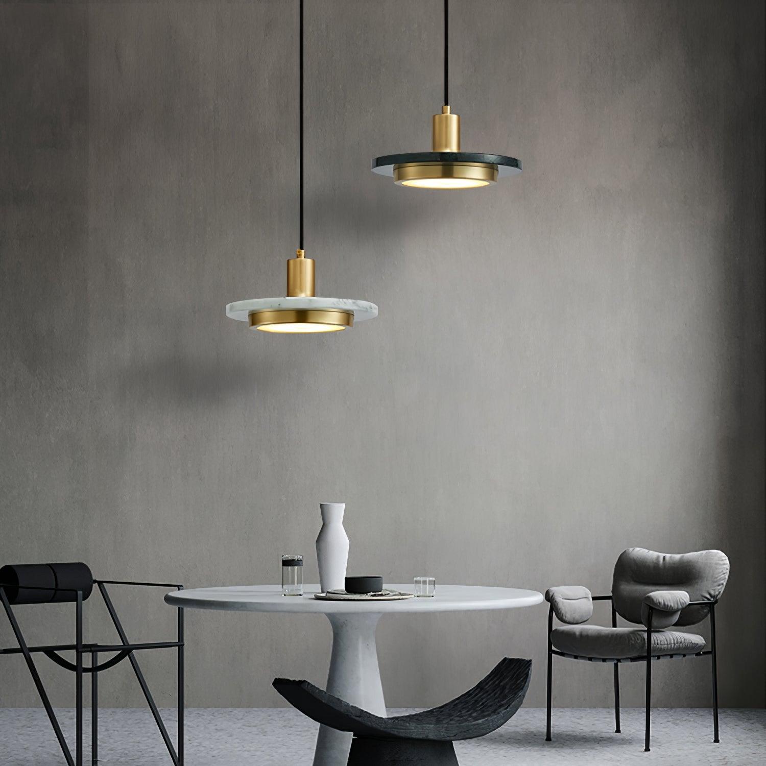 Modern Geometric Double Circle Marble LED Pendant Light for Dining Room Gold and Black Finish