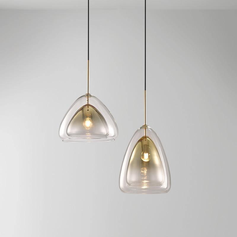Modern Geometric Glass Pendant Light Gold Finish Double Layer Triangle Hanging Lamp