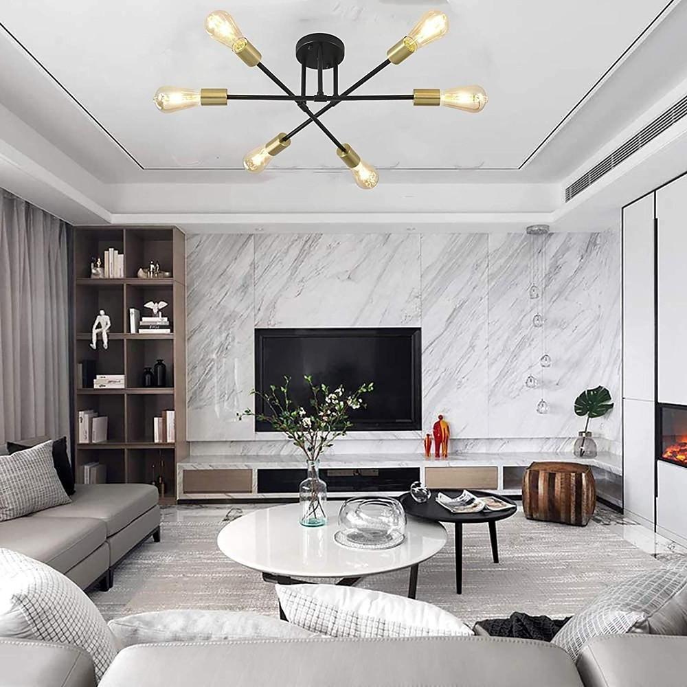 Modern Geometric Industrial Sputnik Chandelier with 6 Glass Bulbs for Home Office and Bedroom