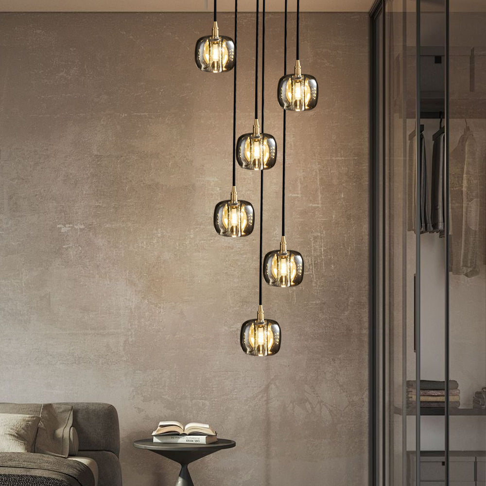 Modern Geometric K9 Crystal Cube Spiral Chandelier with Adjustable Copper Suspension