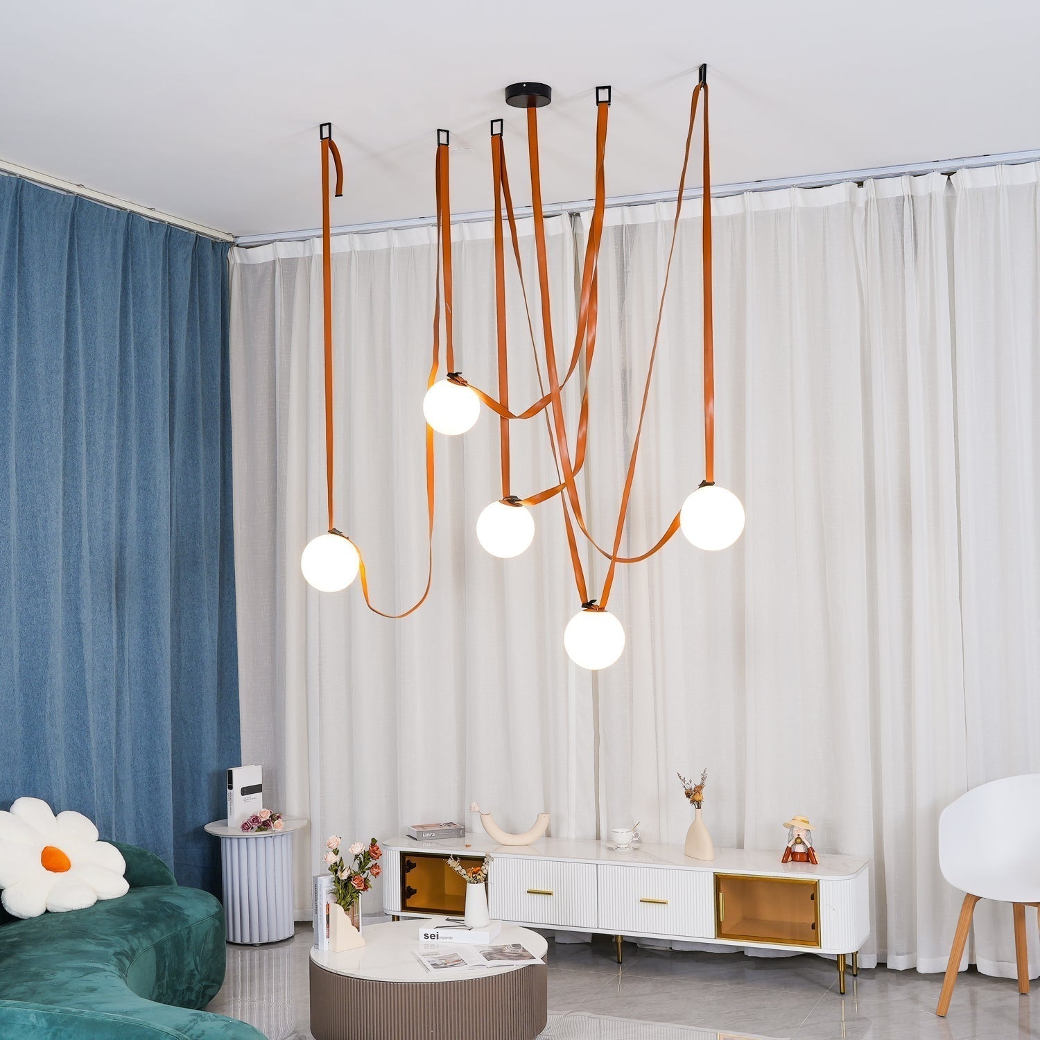 Modern Geometric Leather Belt Multi Head Glass Globe Pendant Light for Living Room