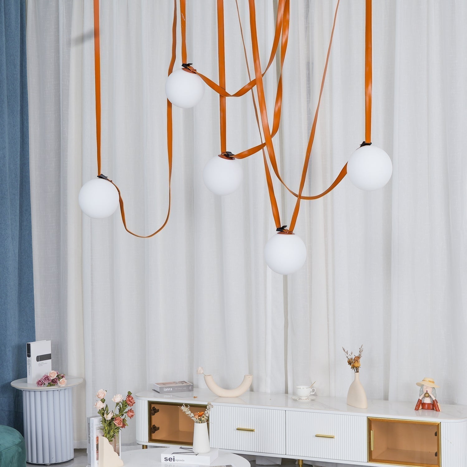 Modern Geometric Leather Belt Multi Head Glass Globe Pendant Light for Living Room
