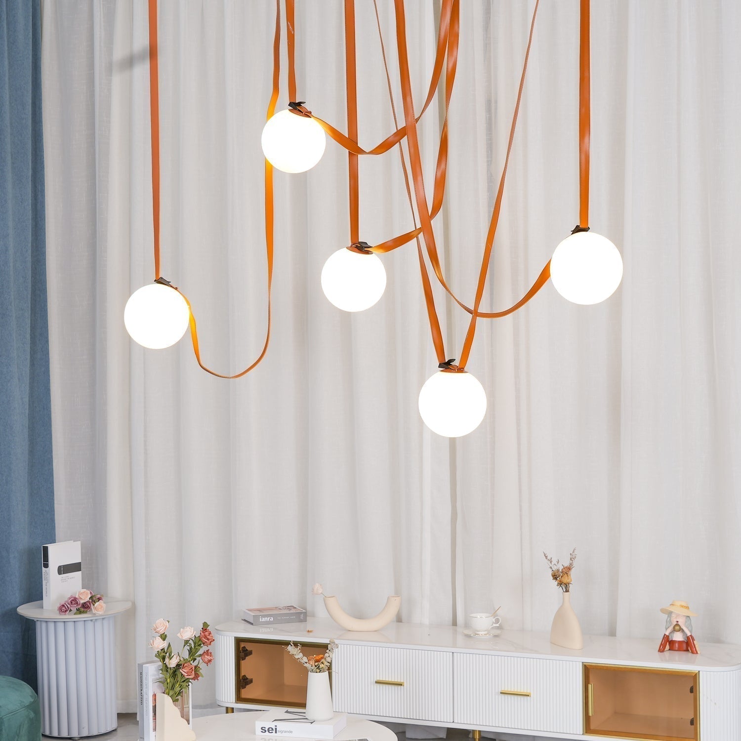 Modern Geometric Leather Belt Multi Head Glass Globe Pendant Light for Living Room