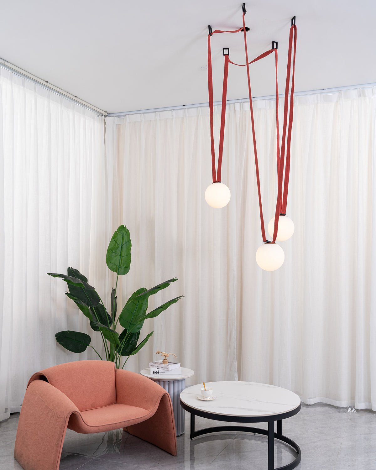 Modern Geometric Leather Belt Multi Head Glass Globe Pendant Light for Living Room