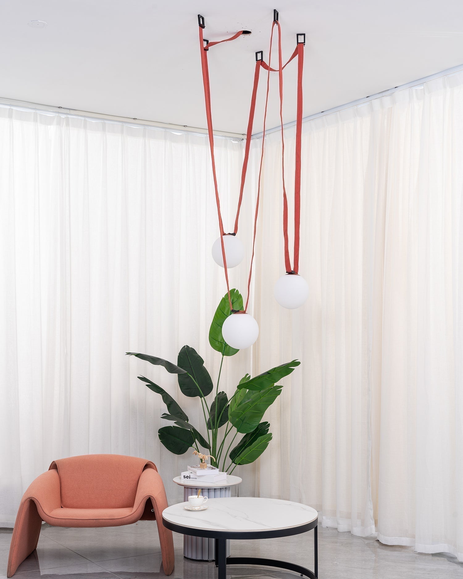 Modern Geometric Leather Belt Multi Head Glass Globe Pendant Light for Living Room