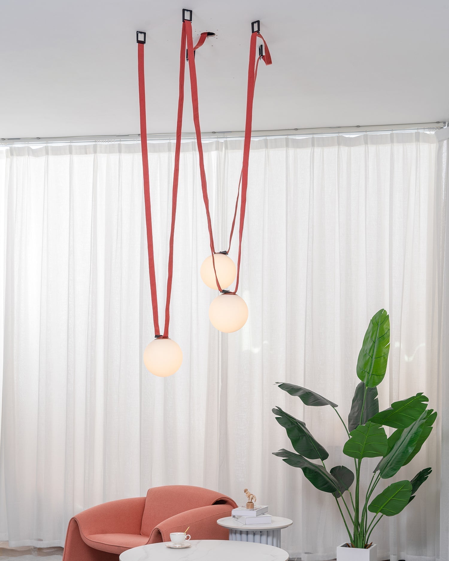 Modern Geometric Leather Belt Multi Head Glass Globe Pendant Light for Living Room