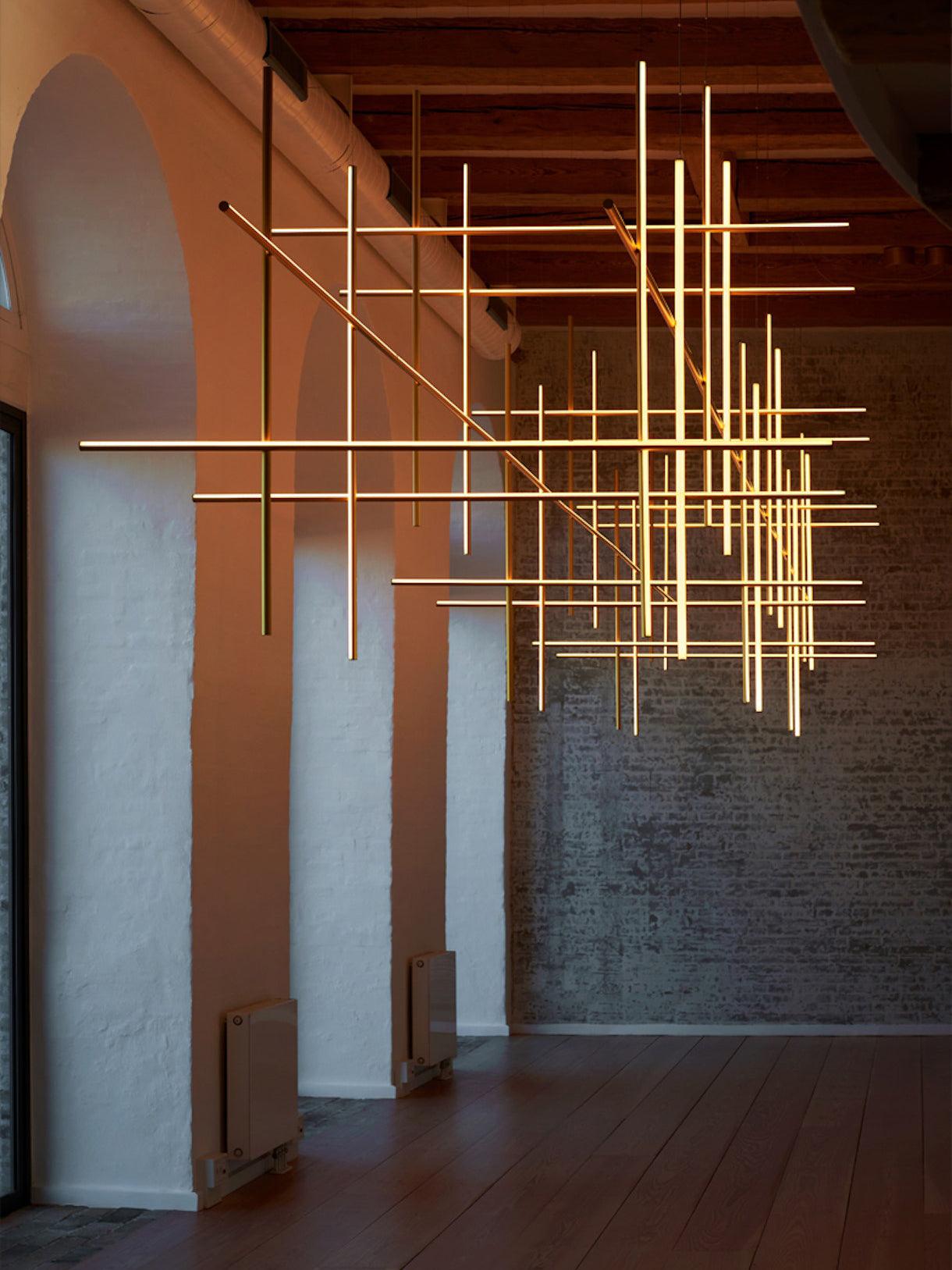 Modern Geometric LED Grid Pendant Light Contemporary Gold and Black Chandelier for Living Room