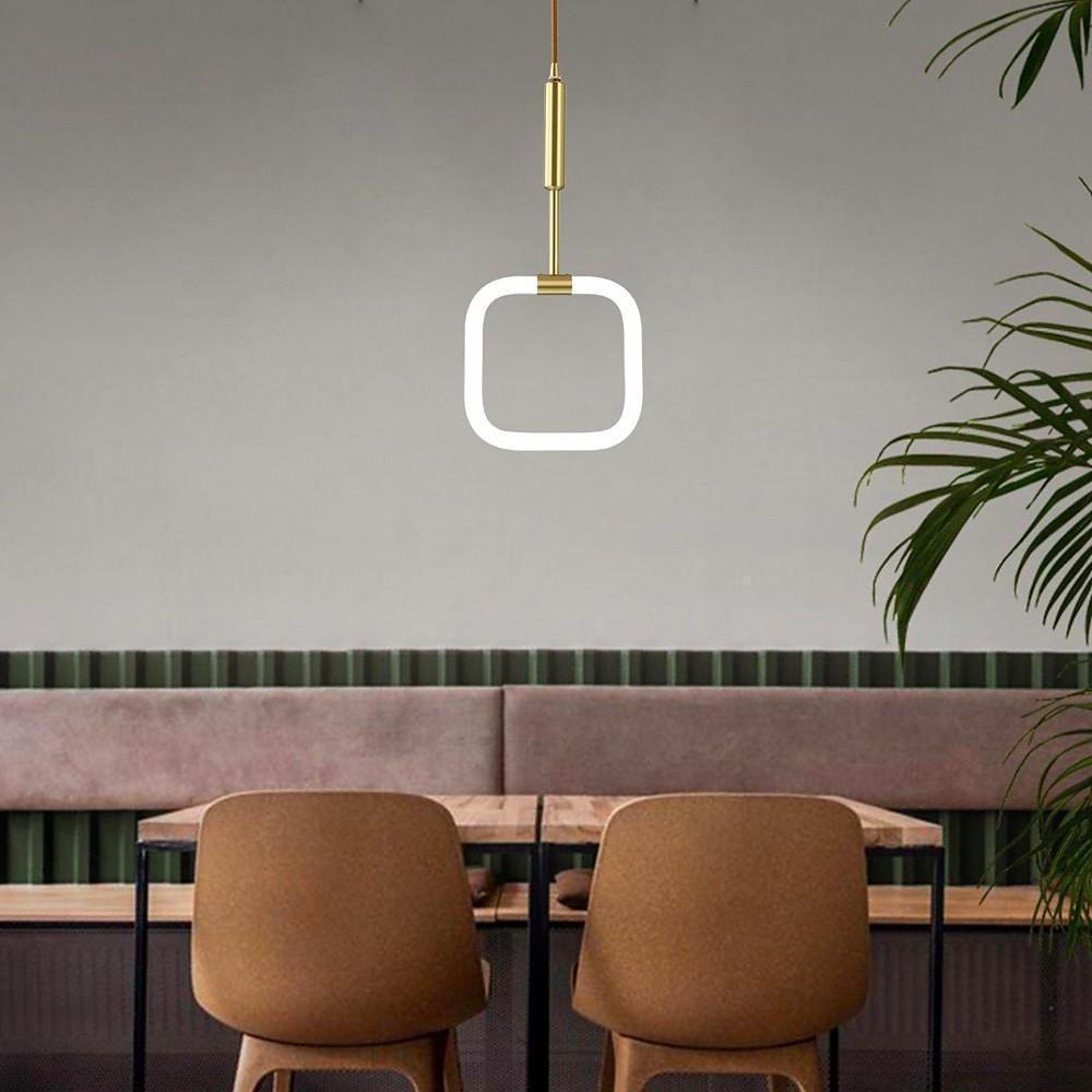 Modern Geometric LED Pendant Light with Brass Finish and Rounded Square Acrylic Shade