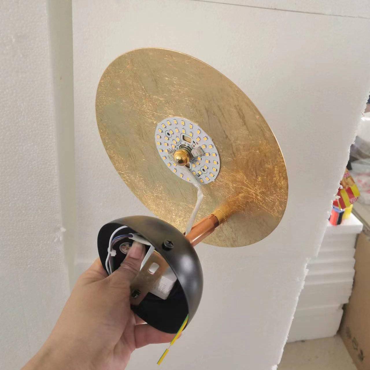 Modern Geometric LED Wall Sconce Minimalist Disk Design Set of Two Gold and Black Indoor Light Fixture