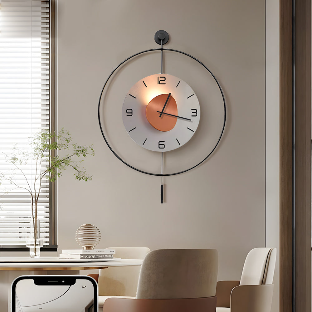 Modern Geometric Round LED Metal Wall Clock with Pendant Battery Powered Hanging Timepiece