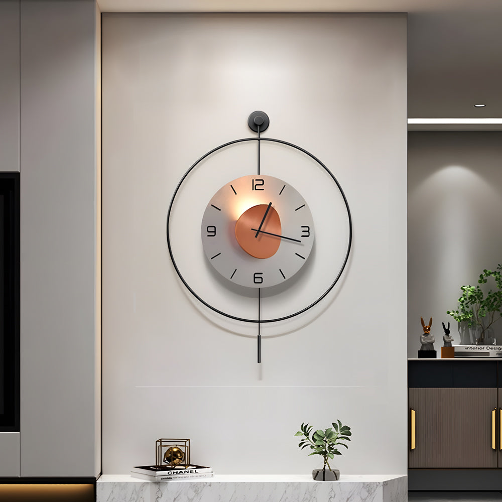 Modern Geometric Round LED Metal Wall Clock with Pendant Battery Powered Hanging Timepiece