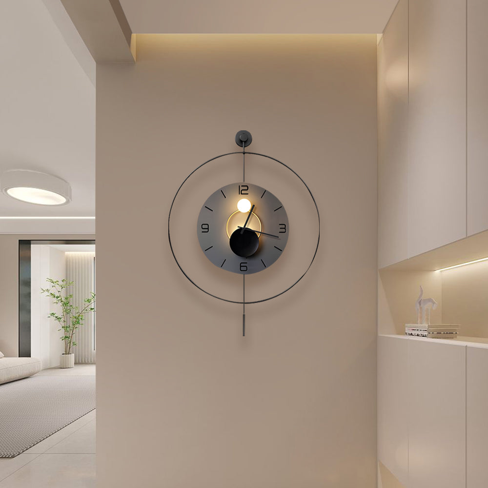 Modern Geometric Round LED Metal Wall Clock with Pendant Battery Powered Hanging Timepiece