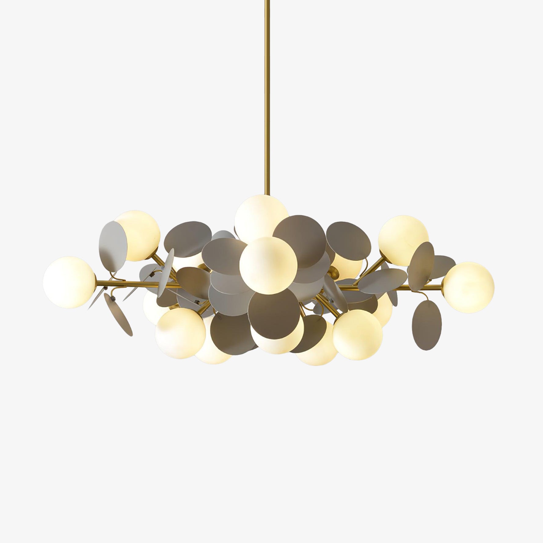 Modern Geometric Tree Branch Chandelier with Frosted Glass Shades and Gold Finish