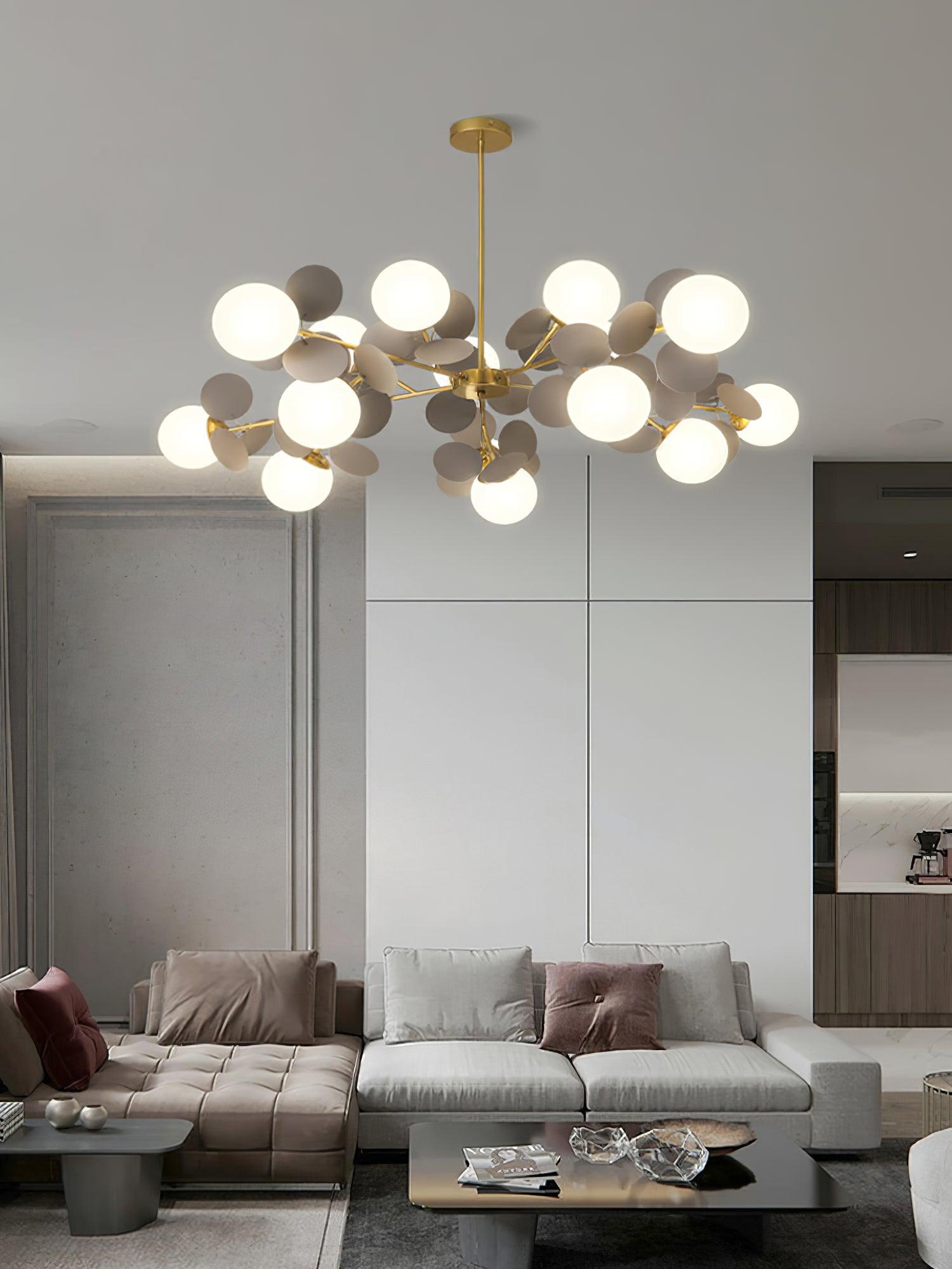 Modern Geometric Tree Branch Chandelier with Frosted Glass Shades and Gold Finish