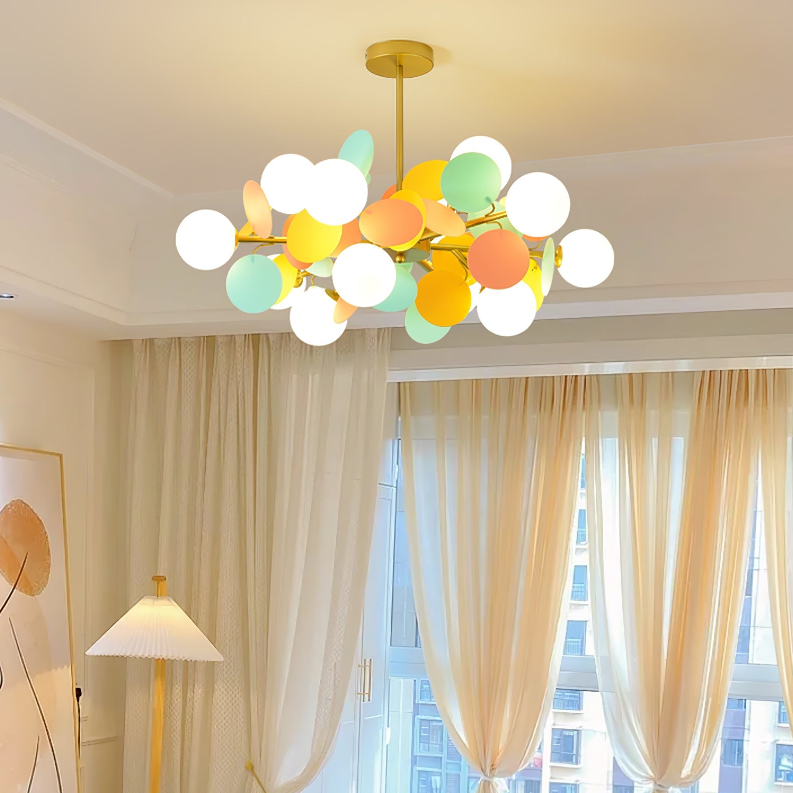 Modern Geometric Tree Branch Chandelier with Frosted Glass Shades and Gold Finish