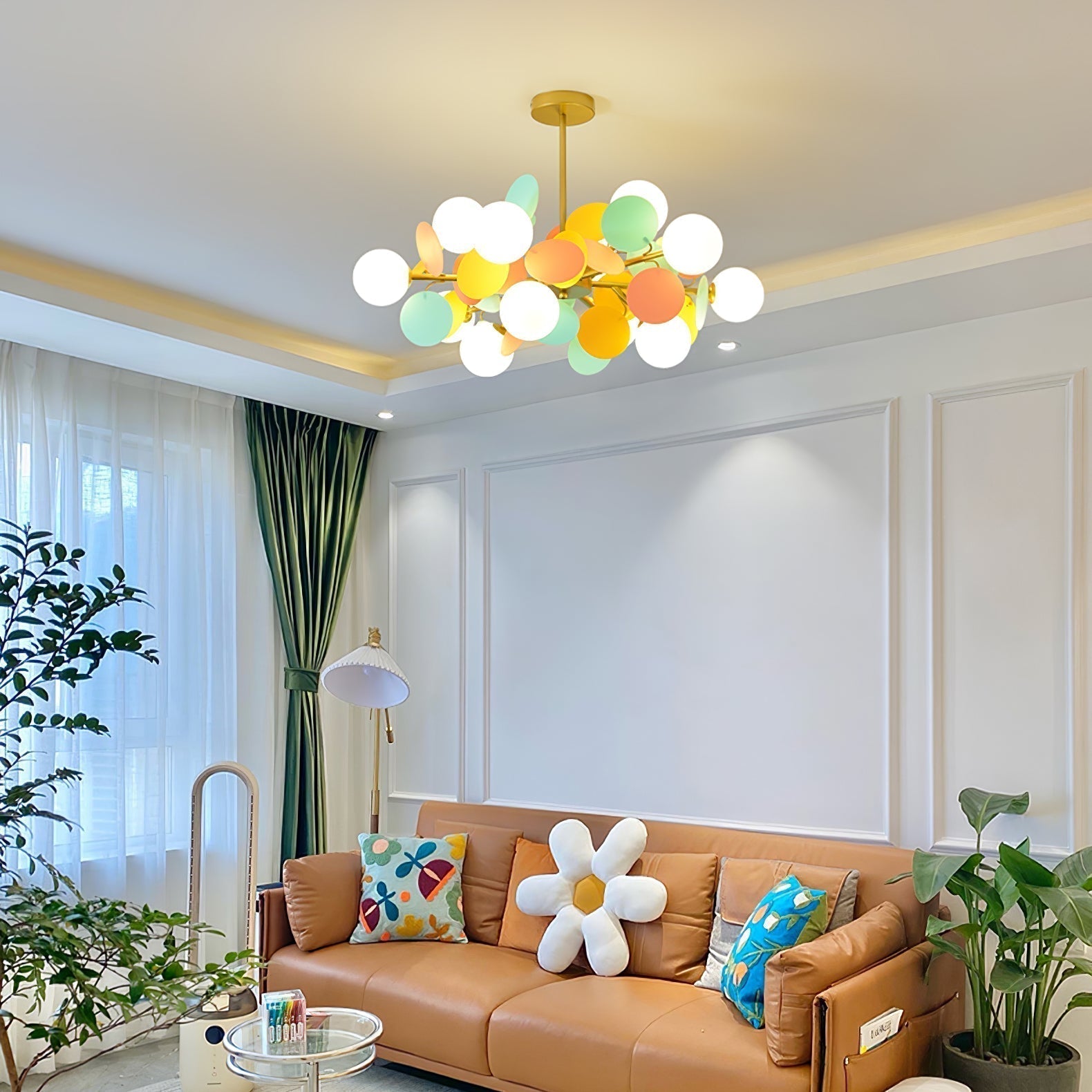 Modern Geometric Tree Branch Chandelier with Frosted Glass Shades and Gold Finish