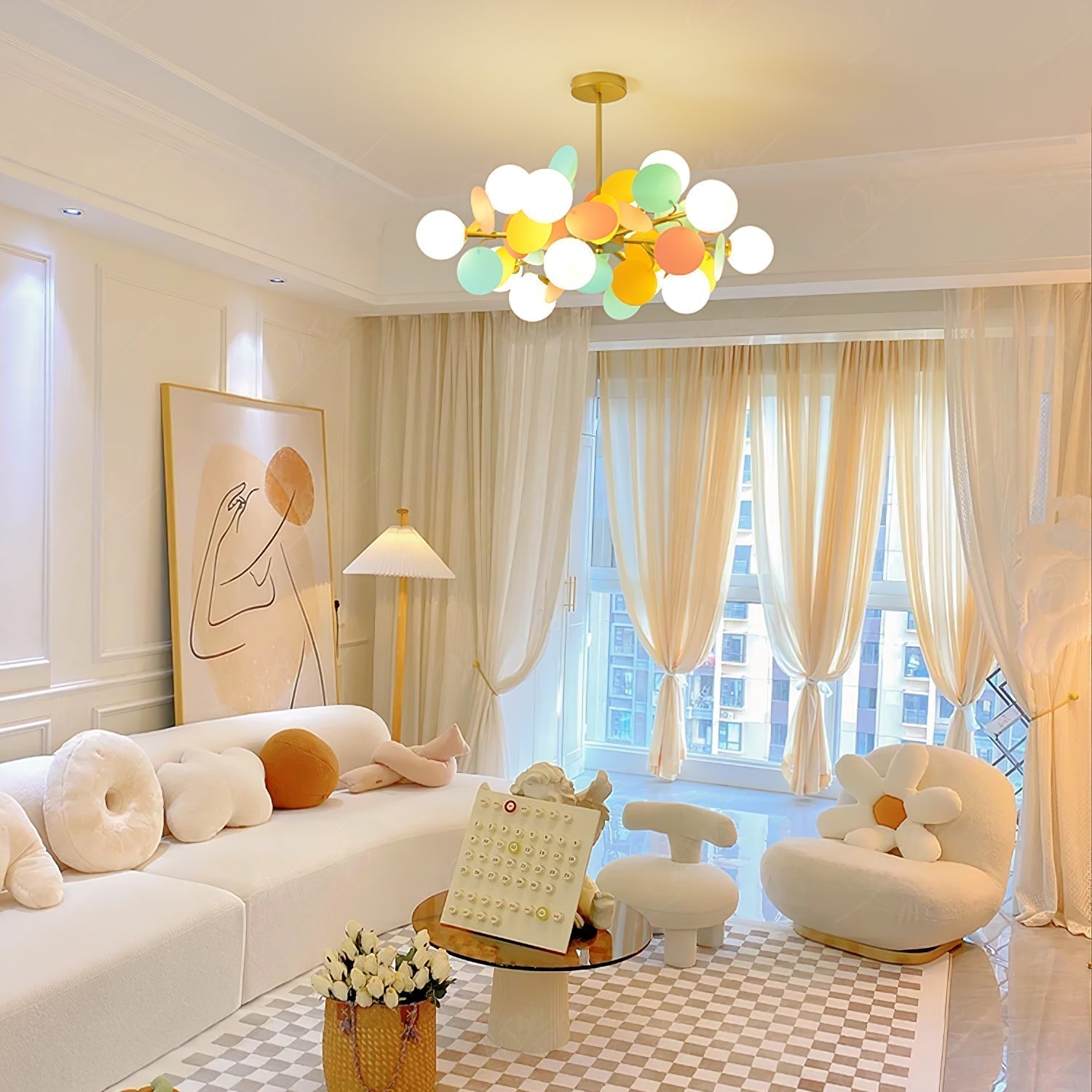 Modern Geometric Tree Branch Chandelier with Frosted Glass Shades and Gold Finish