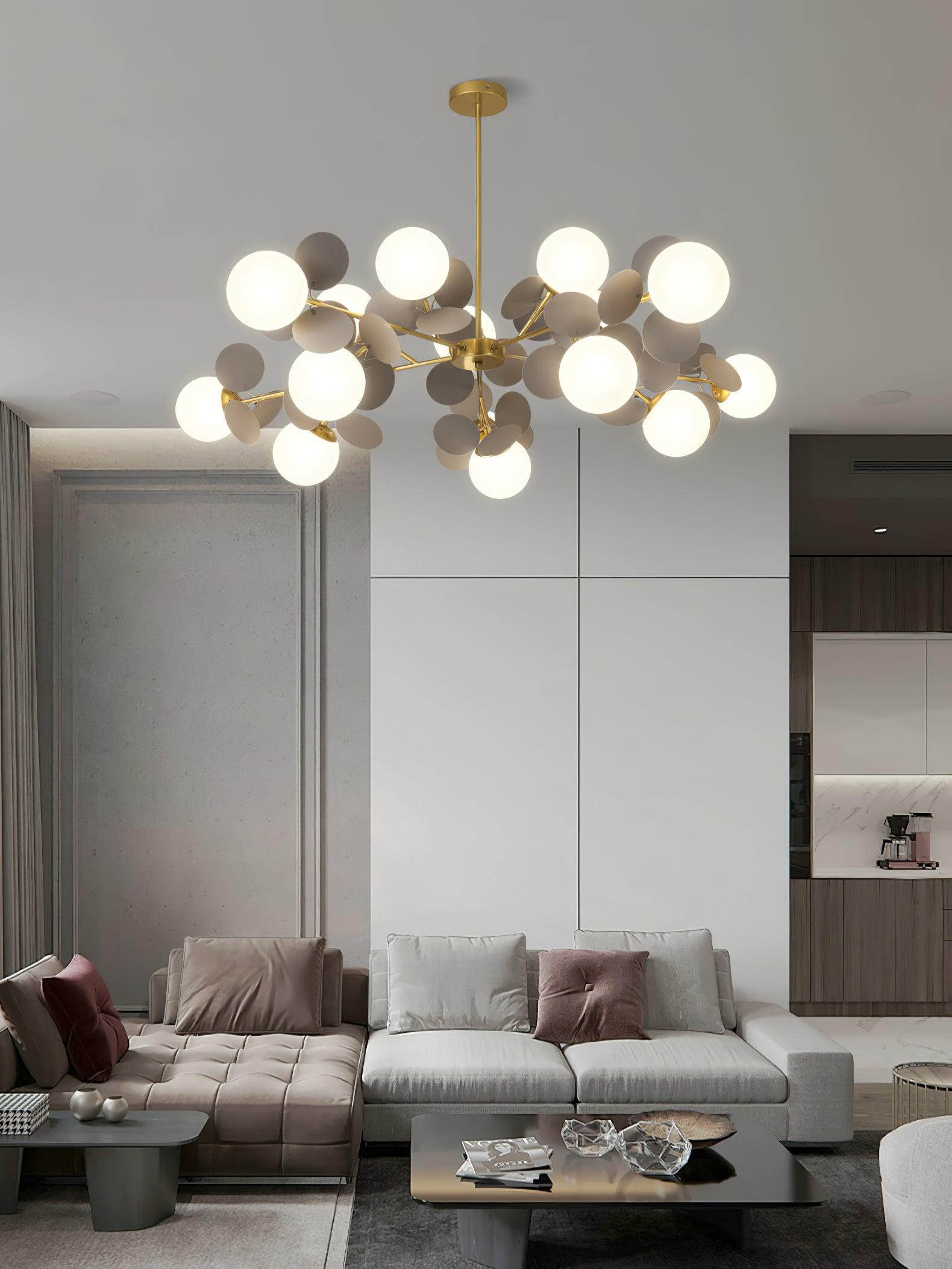 Modern Geometric Tree Branch Chandelier with Frosted Glass Shades and Gold Finish