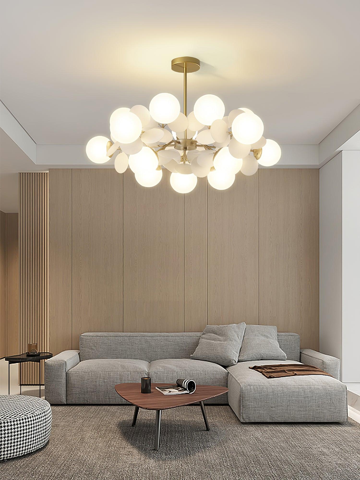 Modern Geometric Tree Branch Chandelier with Frosted Glass Shades and Gold Finish