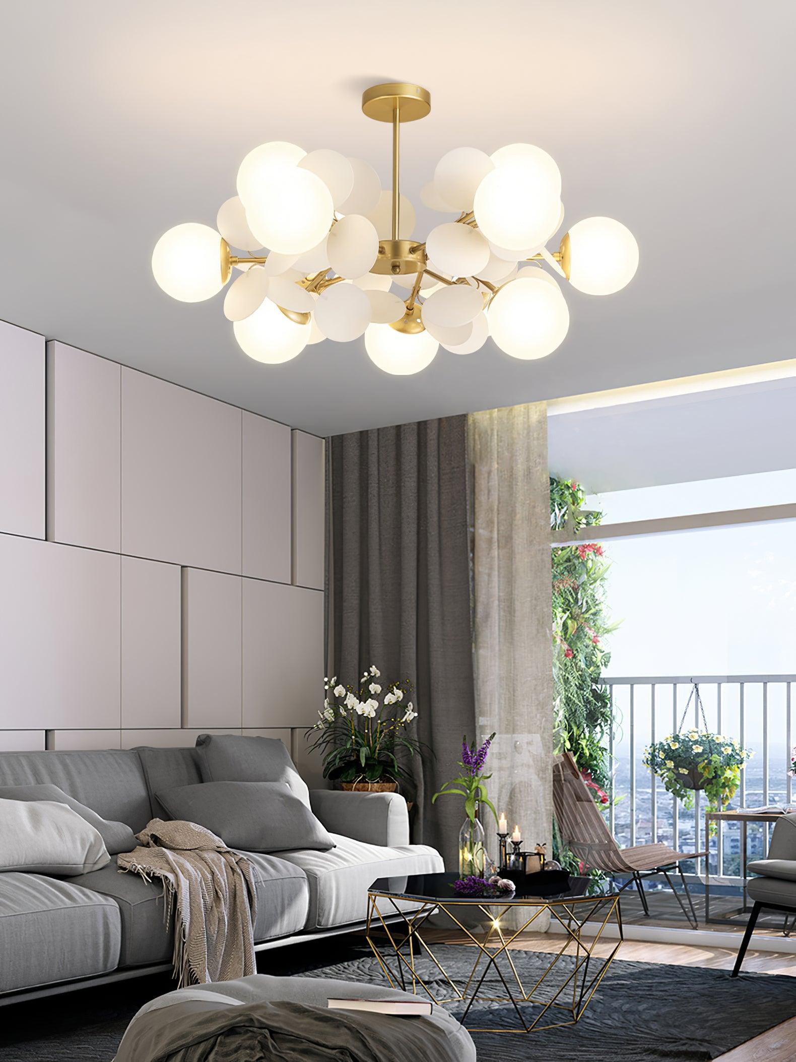 Modern Geometric Tree Branch Chandelier with Frosted Glass Shades and Gold Finish