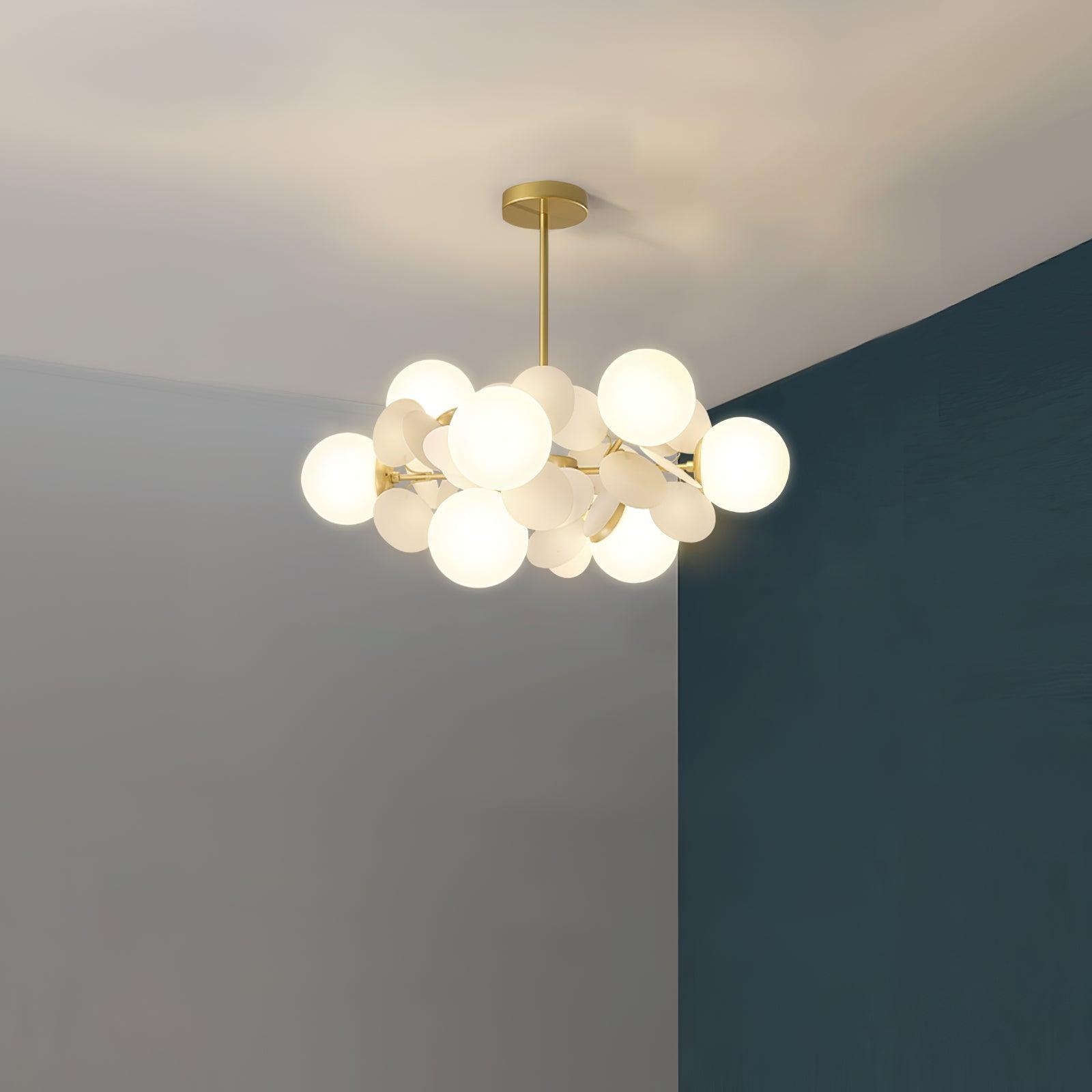 Modern Geometric Tree Branch Chandelier with Frosted Glass Shades and Gold Finish