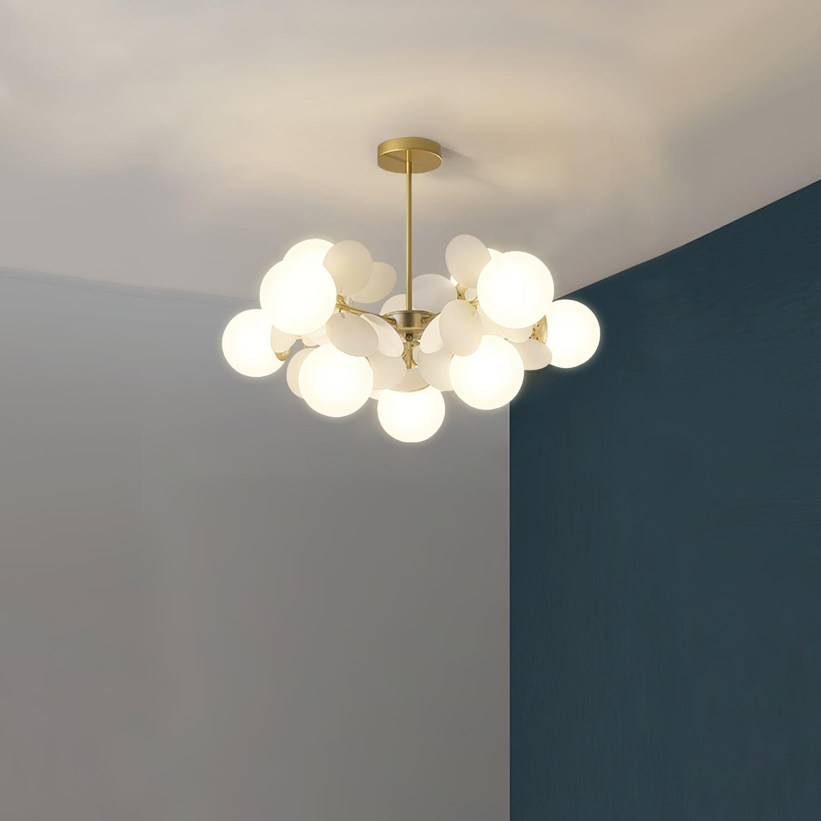 Modern Geometric Tree Branch Chandelier with Frosted Glass Shades and Gold Finish