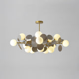 Modern Geometric Tree Branch Chandelier with Frosted Glass Shades and Gold Finish