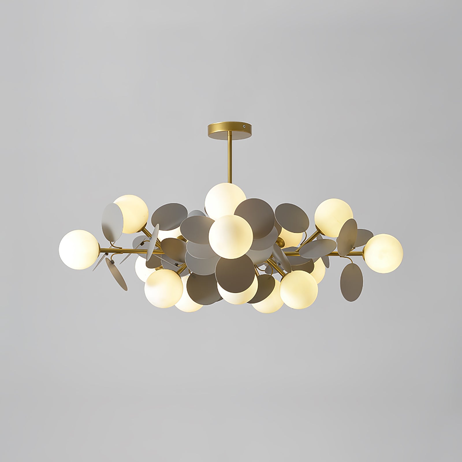 Modern Geometric Tree Branch Chandelier with Frosted Glass Shades and Gold Finish