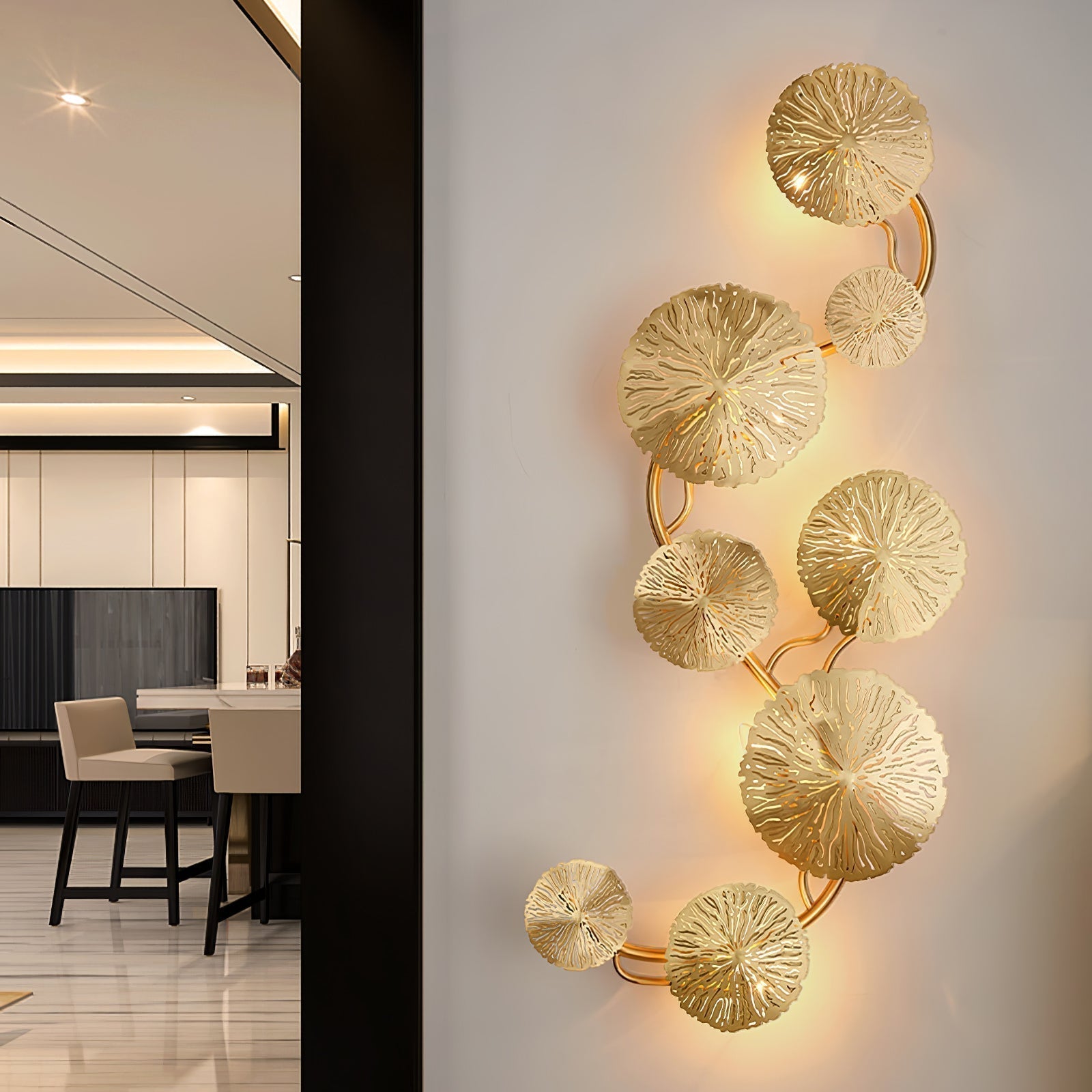 Modern Gilded Lotus Leaf Wall Sconce Artistic Golden Stainless Steel LED Lighting Fixture