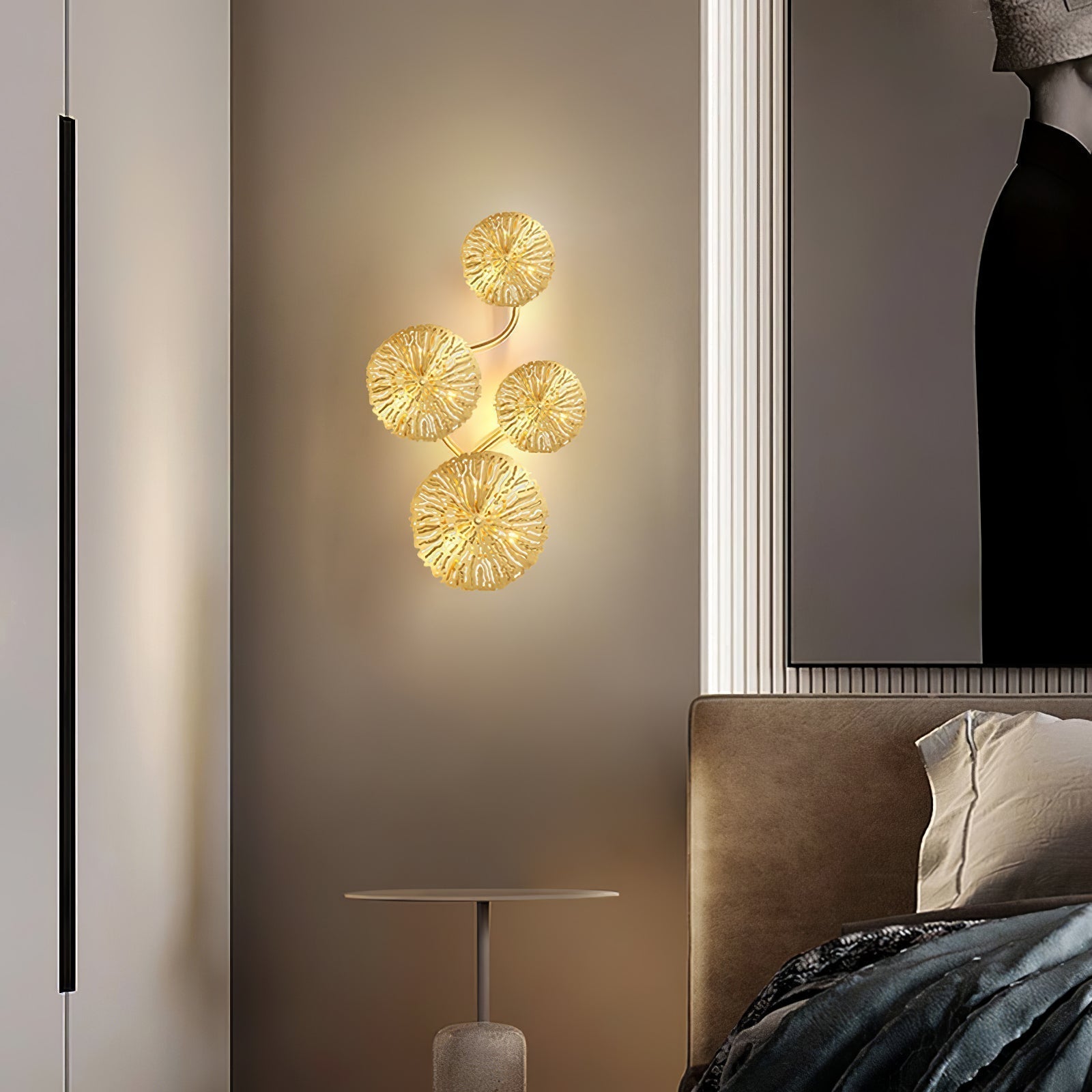 Modern Gilded Lotus Leaf Wall Sconce Artistic Golden Stainless Steel LED Lighting Fixture