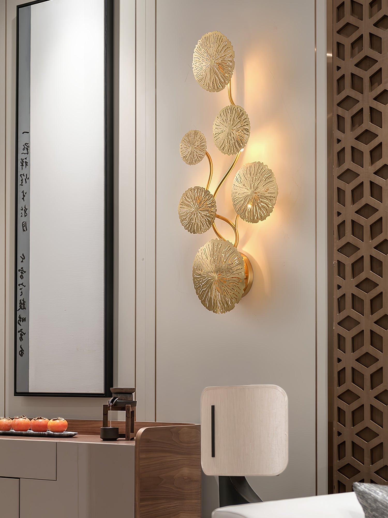 Modern Gilded Lotus Leaf Wall Sconce Artistic Golden Stainless Steel LED Lighting Fixture